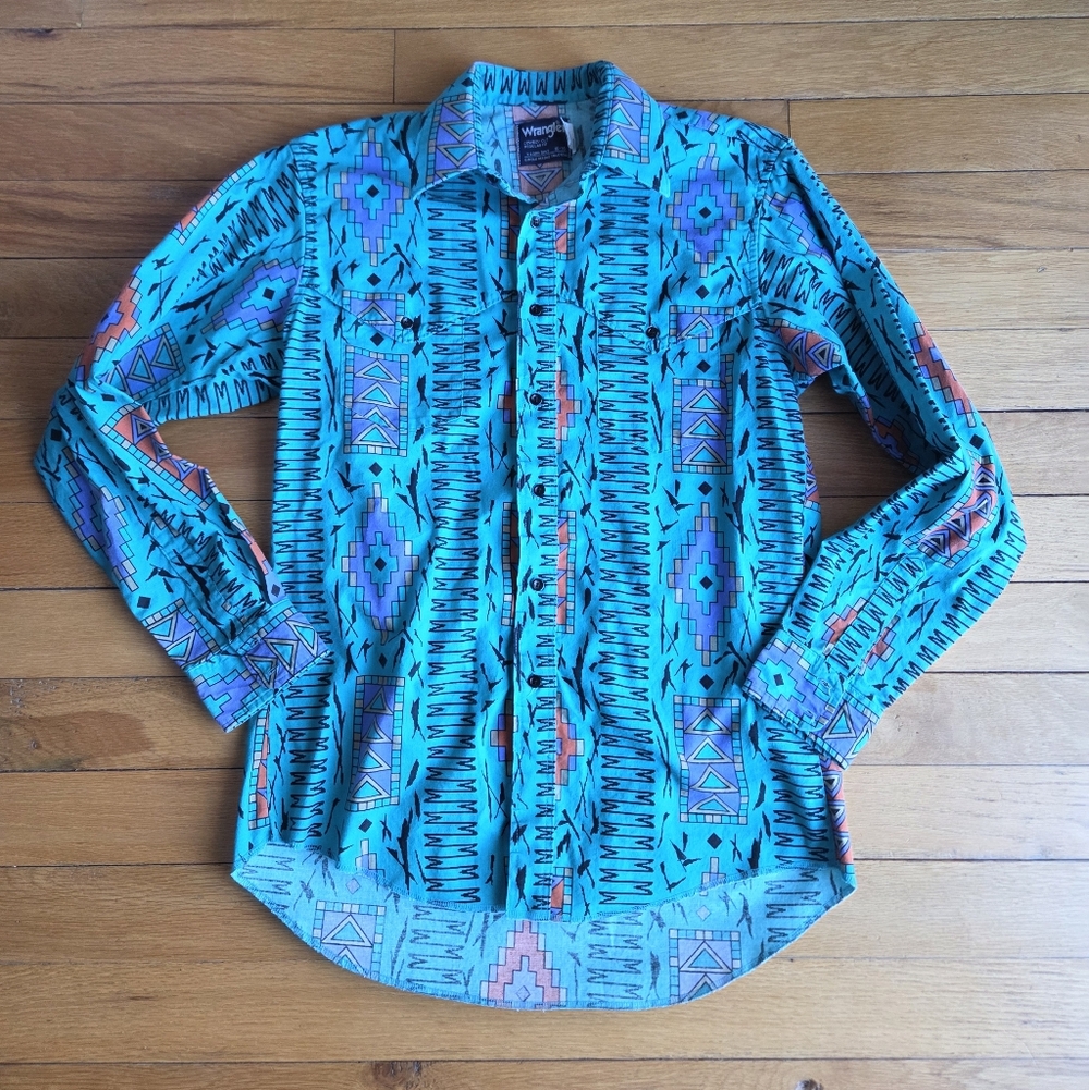 Vintage Wrangler‎ Turquoise and Peach Western Cowboy Cut Patterned Shirt